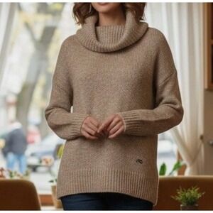 KJUS Women's Large Cowl Neck Sweater Tan Mohair Wool Blend Pullover Cozy Luxury